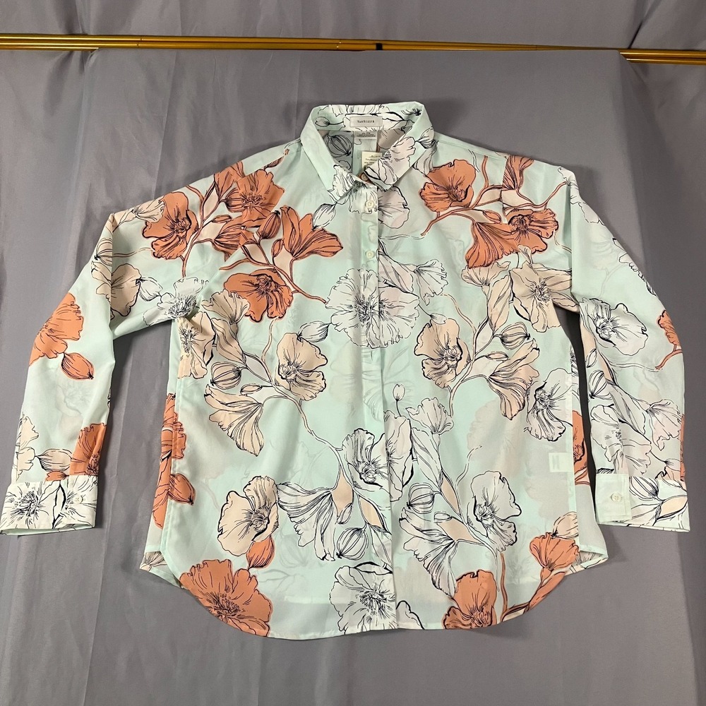 Van Heusen Floral Button‎ Front Blouse Women's XXL Mint Peach Long Sleeve Top